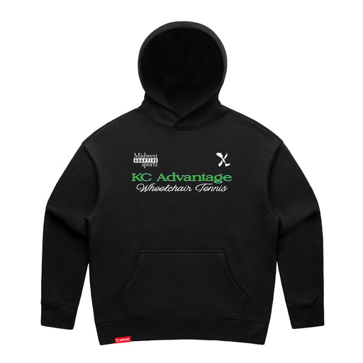 MAS Kansas City Advantage Wheelchair Tennis Script Women's Black Modern Hoodie on a white background