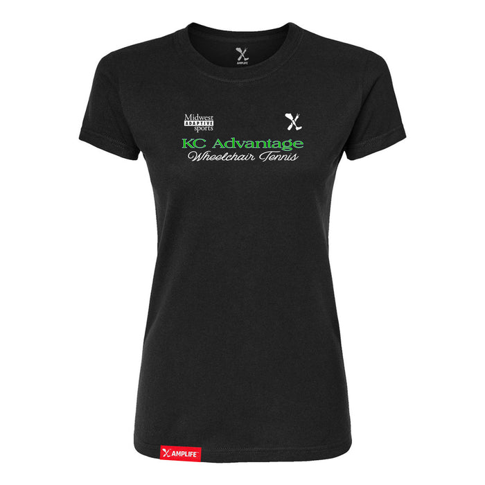 MAS Kansas City Advantage Wheelchair Tennis Script Women's Black Slim T-Shirt on a white background