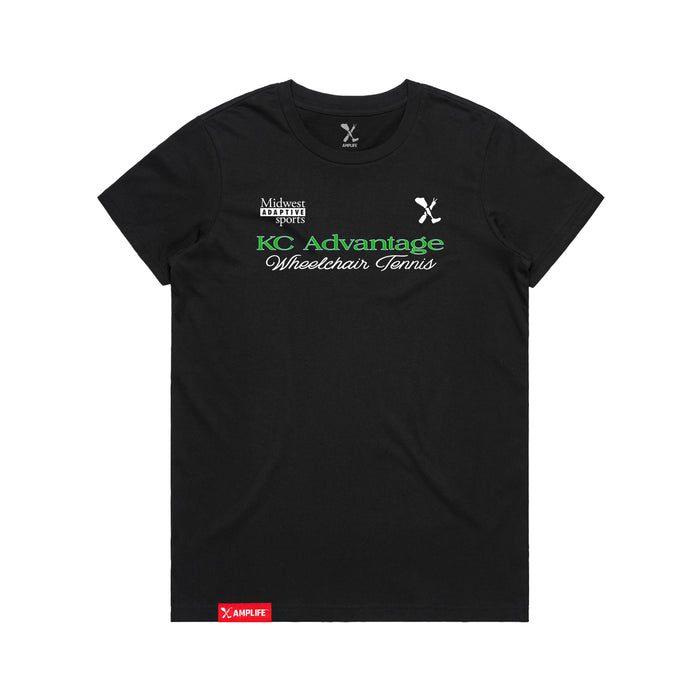 MAS Kansas City Advantage Wheelchair Tennis Script Women's Black T-Shirt on a white background
