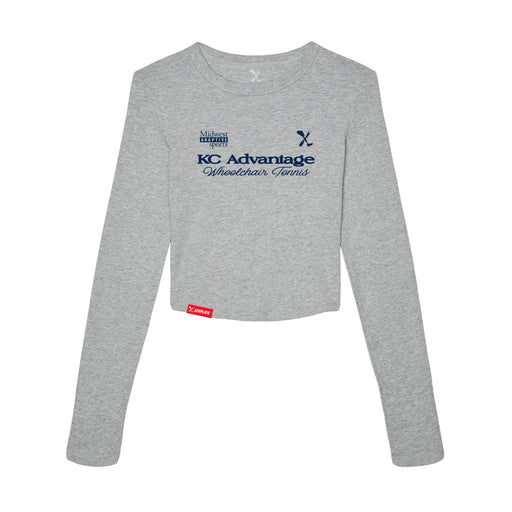 MAS Kansas City Advantage Wheelchair Tennis Script Women's Heather Grey Crop Long Sleeve T-Shirt on a white background