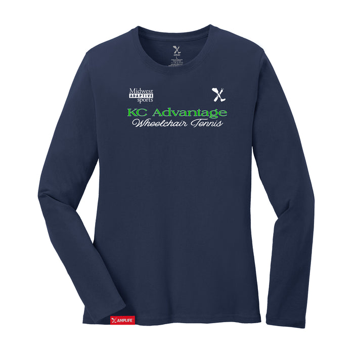 MAS Kansas City Advantage Wheelchair Tennis Script Women's Navy Long Sleeve T-Shirt on a white background