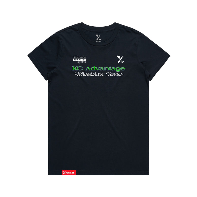 MAS Kansas City Advantage Wheelchair Tennis Script Women's Navy T-Shirt on a white background