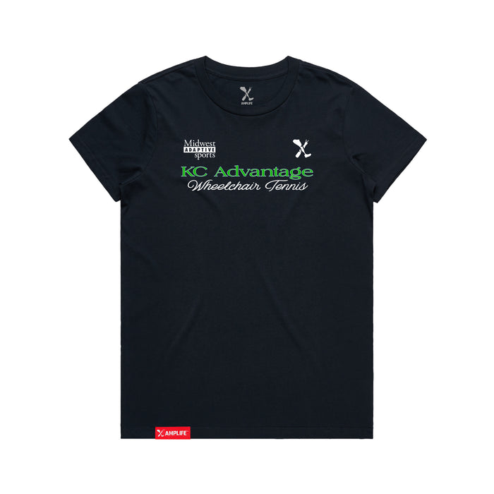 MAS Kansas City Advantage Wheelchair Tennis Script Women's Navy T-Shirt on a white background