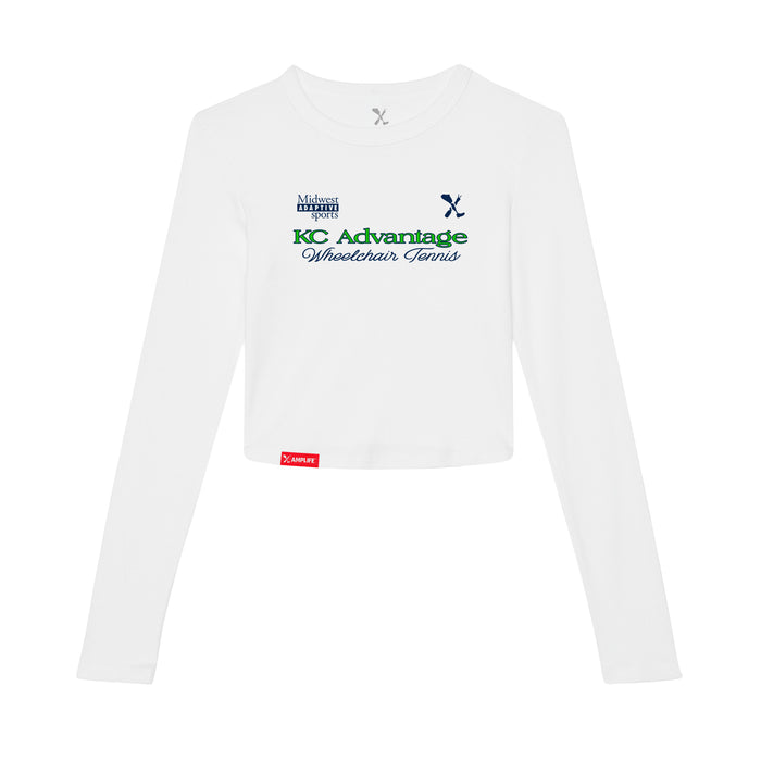 MAS Kansas City Advantage Wheelchair Tennis Script Women's White Crop Long Sleeve T-Shirt on a white background