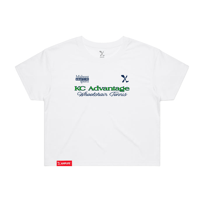MAS Kansas City Advantage Wheelchair Tennis Script Women's White Crop T-Shirt on a white background