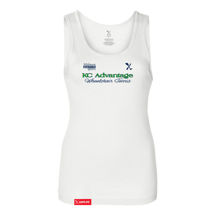 MAS Kansas City Advantage Wheelchair Tennis Script Women's White Slim Micro Rib Tank Top on a white background