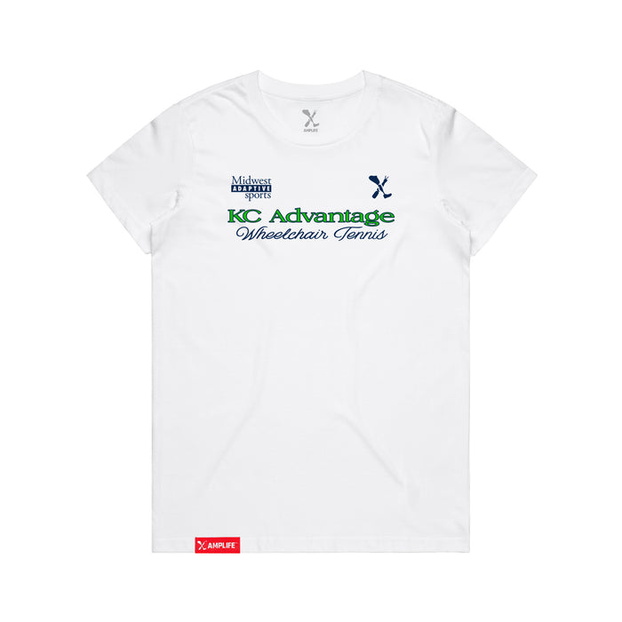 MAS Kansas City Advantage Wheelchair Tennis Script Women's White T-Shirt on a white background