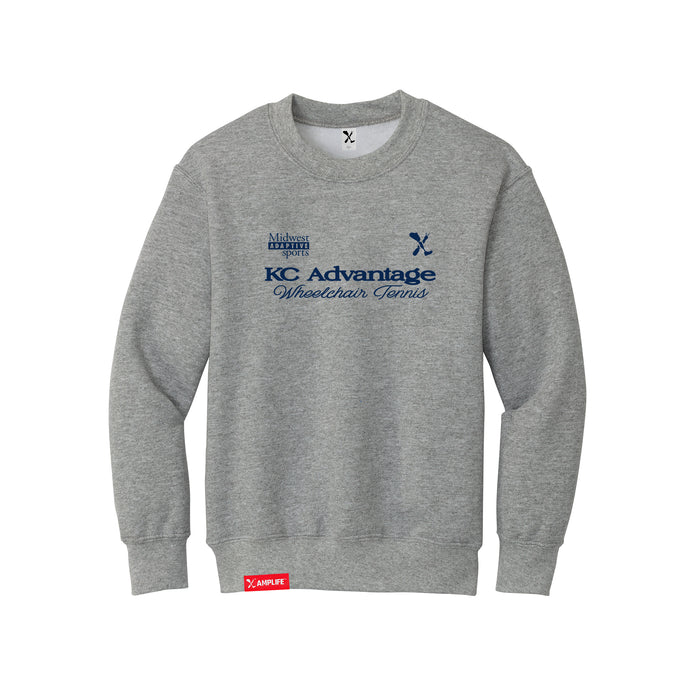 MAS Kansas City Advantage Wheelchair Tennis Script Youth Heather Grey Crewneck Sweatshirt on a white background