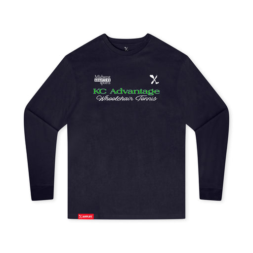 MAS Kansas City Advantage Wheelchair Tennis Script Youth Navy Long Sleeve T-Shirt on a white background