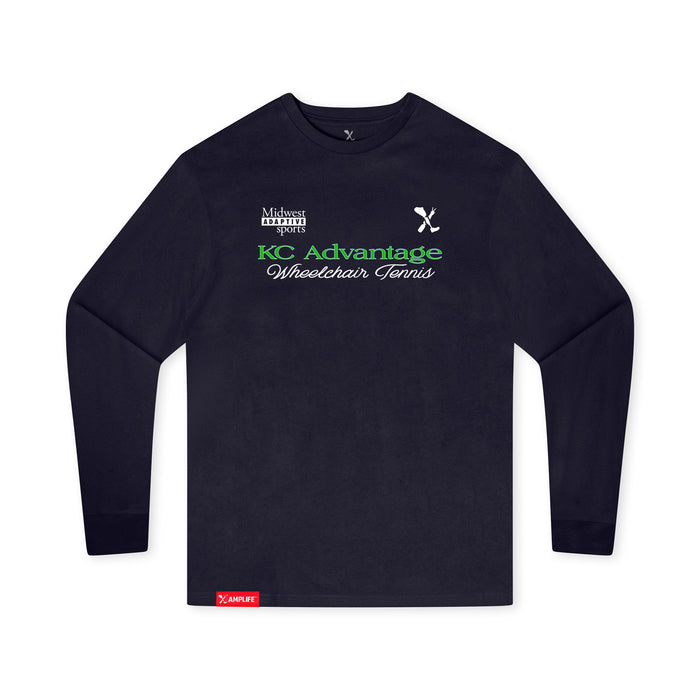 MAS Kansas City Advantage Wheelchair Tennis Script Youth Navy Long Sleeve T-Shirt on a white background