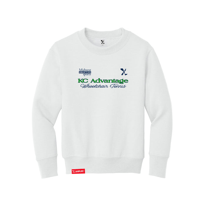 MAS Kansas City Advantage Wheelchair Tennis Script Youth White Crewneck Sweatshirt on a white background