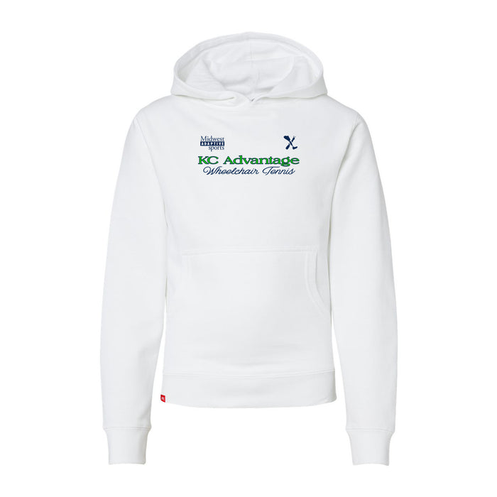MAS Kansas City Advantage Wheelchair Tennis Script Youth White Hoodie on a white background