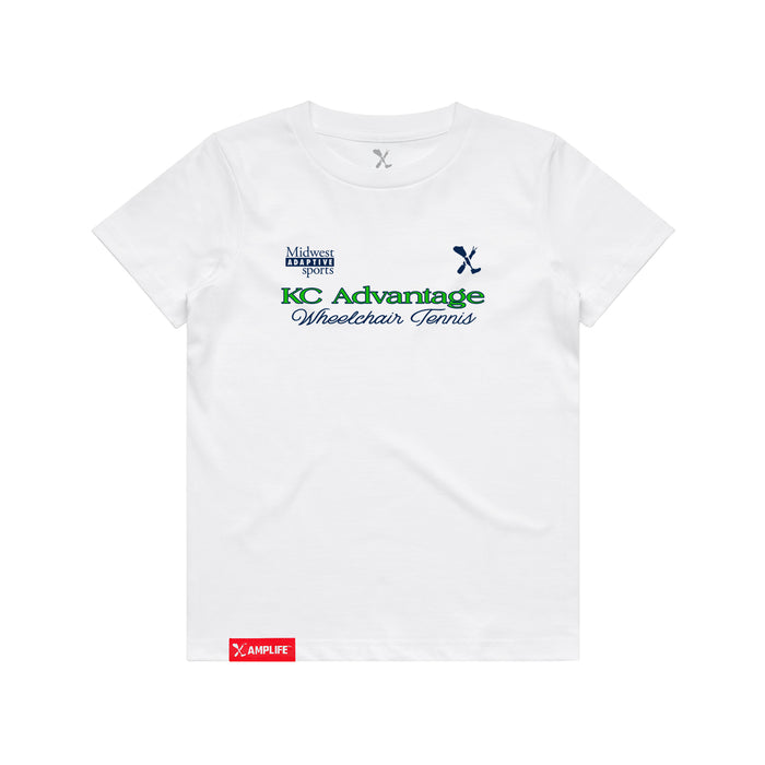 MAS Kansas City Advantage Wheelchair Tennis Script Youth White T-Shirt on a white background