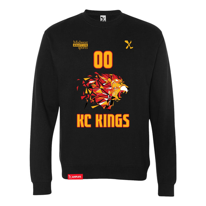 Front angle of the MAS Kansas City Kings Wheelchair Basketball Amplife Customizable Black Crewneck Sweatshirt against a white background