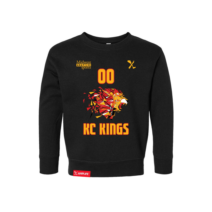 Front angle of the MAS Kansas City Kings Wheelchair Basketball Amplife Customizable Toddler Black Crewneck Sweatshirt against a white background
