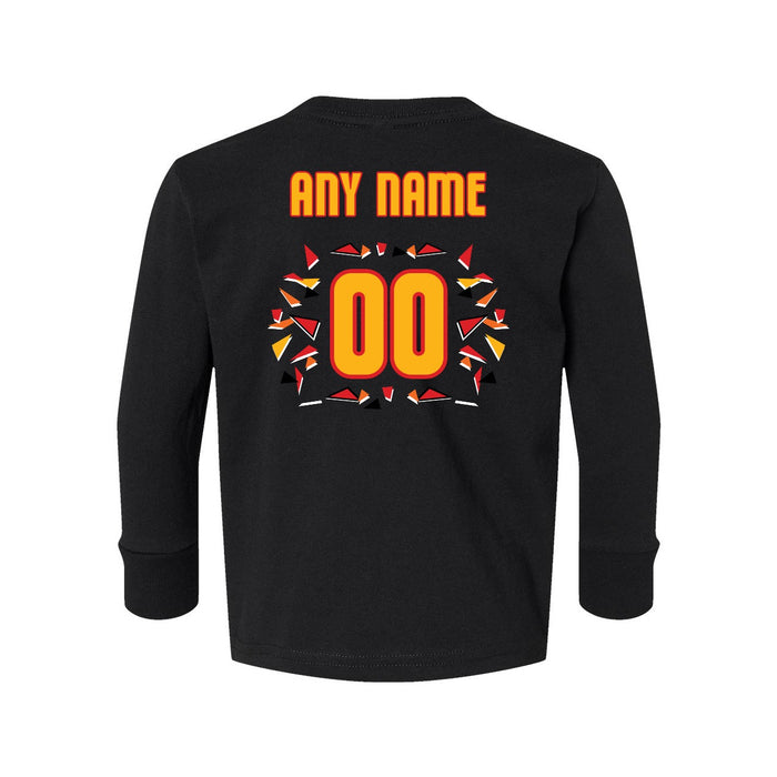 Back angle of the MAS Kansas City Kings Wheelchair Basketball Amplife Customizable Toddler Black Long Sleeve T-Shirt against a white background
