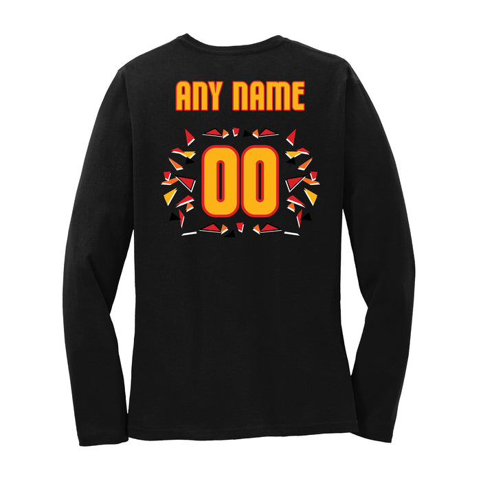 Back angle of the MAS Kansas City Kings Wheelchair Basketball Amplife Customizable Women's Black Long Sleeve T-Shirt against a white background