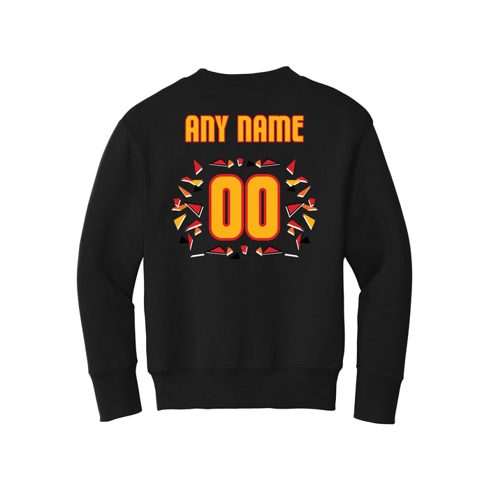 Back angle of the MAS Kansas City Kings Wheelchair Basketball Amplife Customizable Youth Black Crewneck Sweatshirt against a white background