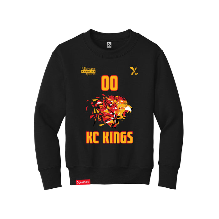 Front angle of the MAS Kansas City Kings Wheelchair Basketball Amplife Customizable Youth Black Crewneck Sweatshirt against a white background