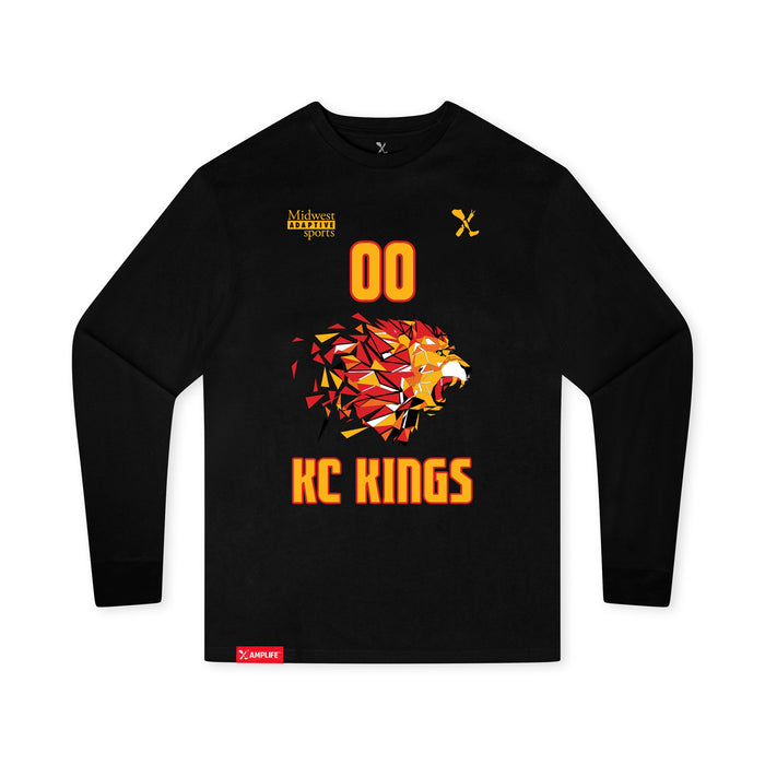 Front angle of the MAS Kansas City Kings Wheelchair Basketball Amplife Customizable Youth Black Long Sleeve T-Shirt against a white background