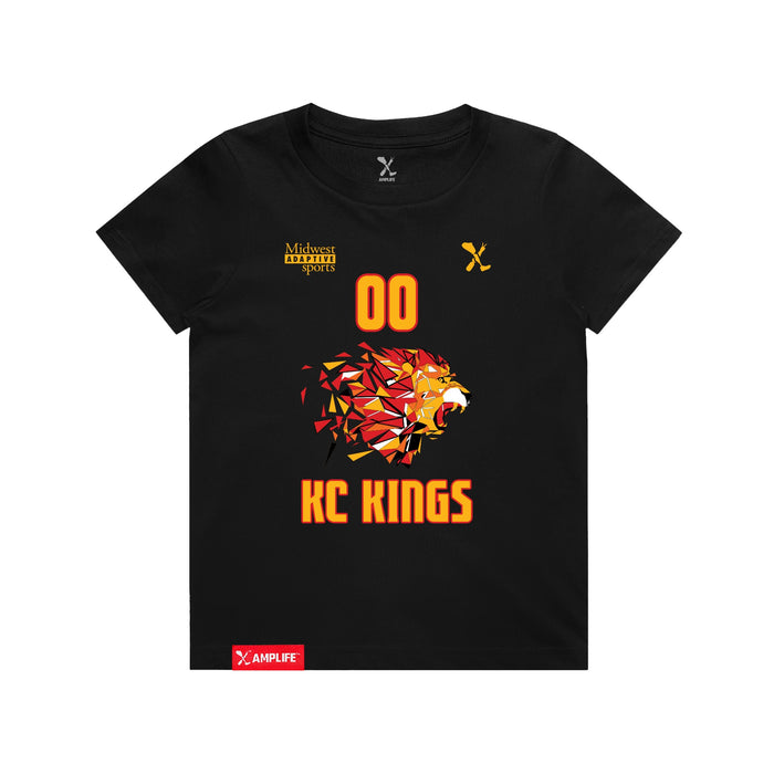 Front angle of the MAS Kansas City Kings Wheelchair Basketball Amplife Customizable Youth Black T-Shirt against a white background