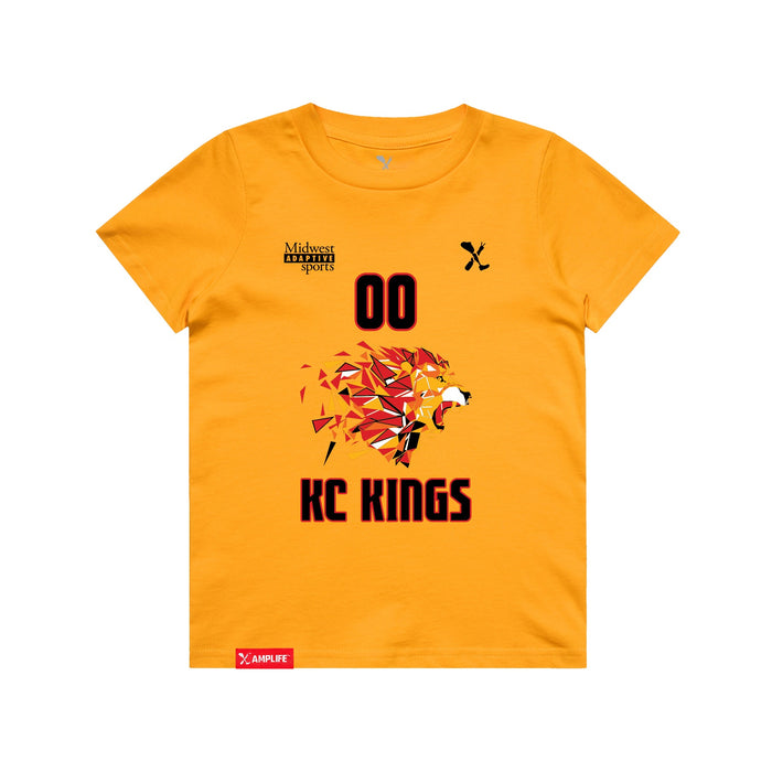 Front angle of the MAS Kansas City Kings Wheelchair Basketball Amplife Customizable Youth Gold T-Shirt against a white background