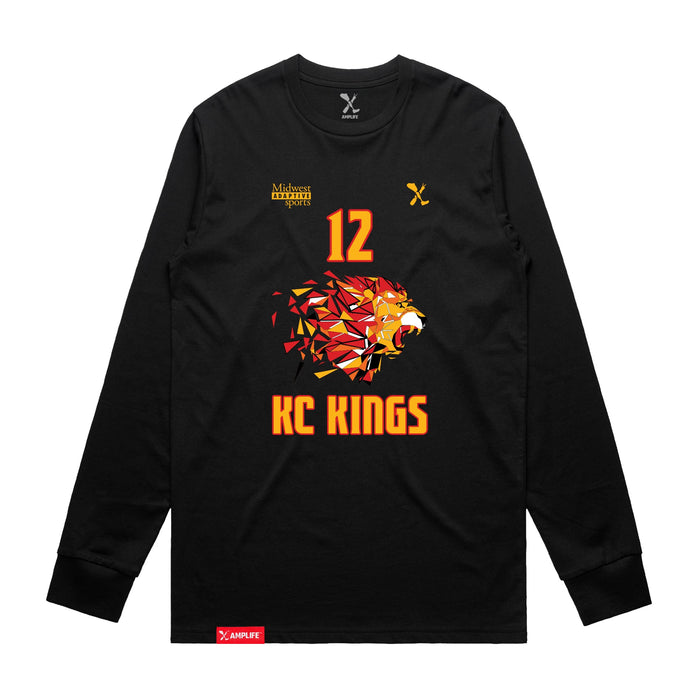 Front angle of the Ruby Bandimere MAS Kansas City Kings Wheelchair Basketball Amplife Black Long Sleeve T-Shirt against a white background