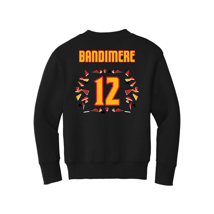 Back angle of the Ruby Bandimere MAS Kansas City Kings Wheelchair Basketball Amplife Youth Black Crewneck Sweatshirt against a white background