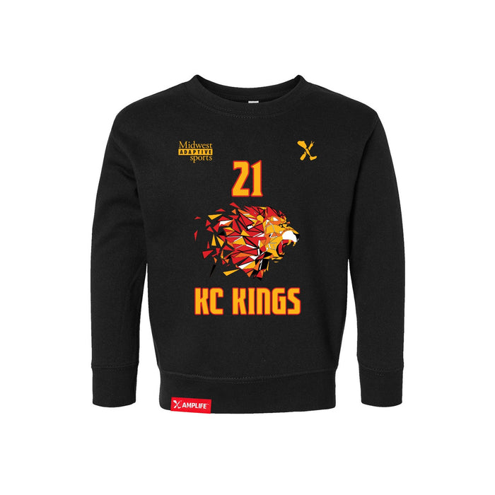 Front angle of the Norbert Bandimere MAS Kansas City Kings Wheelchair Basketball Amplife Toddler Black Crewneck Sweatshirt against a white background