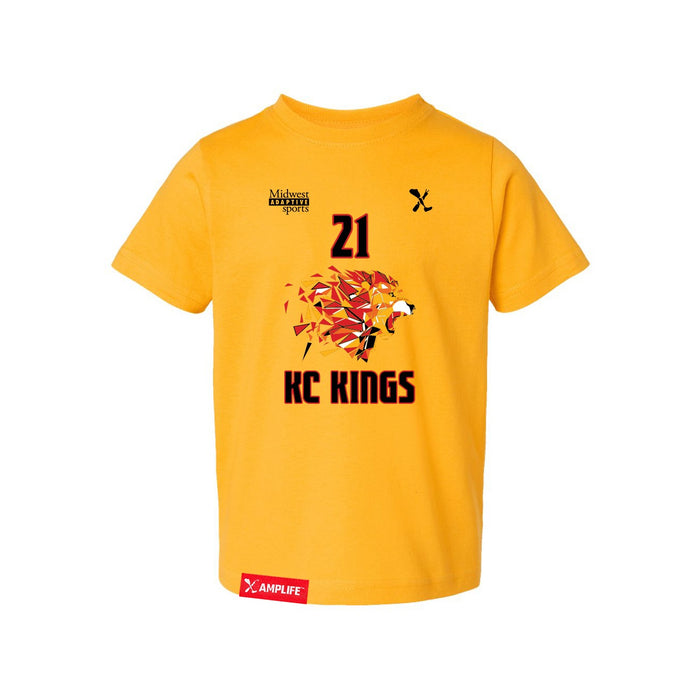 Front angle of the Norbert Bandimere MAS Kansas City Kings Wheelchair Basketball Amplife Toddler Gold T-Shirt against a white background