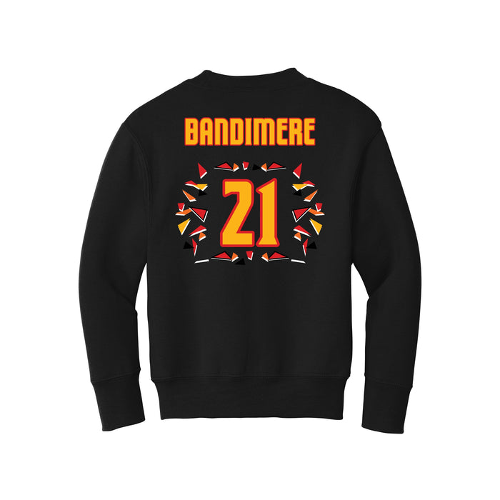 Back angle of the Norbert Bandimere MAS Kansas City Kings Wheelchair Basketball Amplife Youth Black Crewneck Sweatshirt against a white background