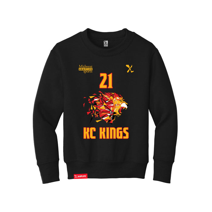 Front angle of the Norbert Bandimere MAS Kansas City Kings Wheelchair Basketball Amplife Youth Black Crewneck Sweatshirt against a white background
