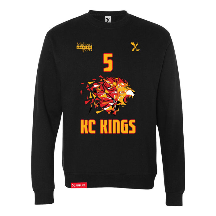 Front angle of the Roman Dinkel MAS Kansas City Kings Wheelchair Basketball Amplife Black Crewneck Sweatshirt against a white background
