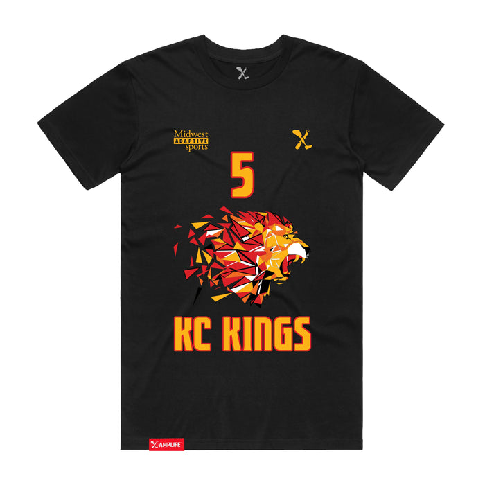Front angle of the Roman Dinkel MAS Kansas City Kings Wheelchair Basketball Amplife Black T-Shirt against a white background