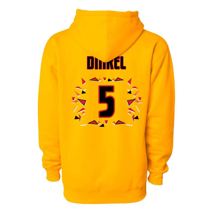 Back angle of the Roman Dinkel MAS Kansas City Kings Wheelchair Basketball Amplife Gold Hoodie against a white background