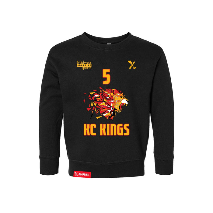 Front angle of the Roman Dinkel MAS Kansas City Kings Wheelchair Basketball Amplife Toddler Black Crewneck Sweatshirt against a white background