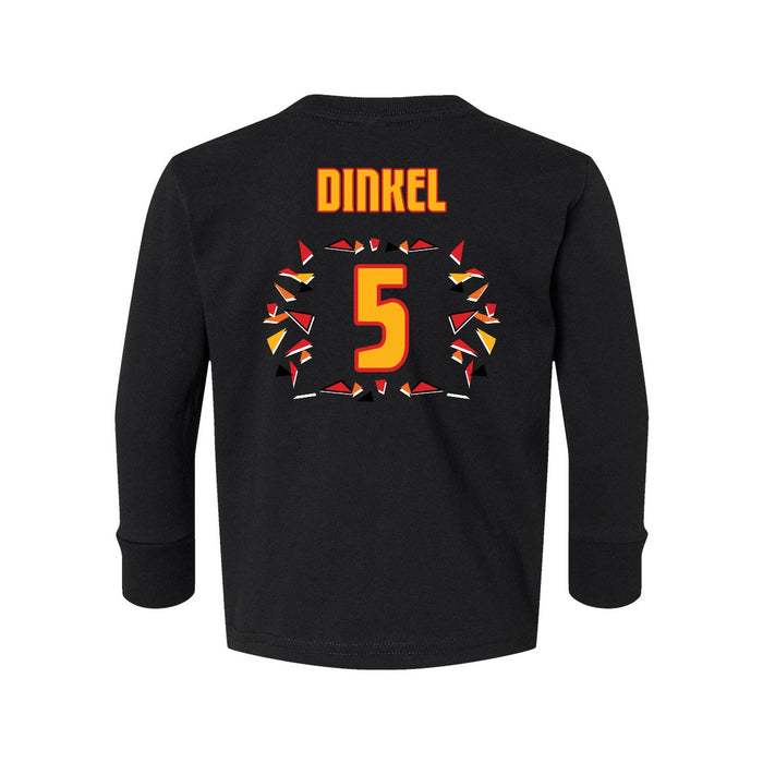 Back angle of the Roman Dinkel MAS Kansas City Kings Wheelchair Basketball Amplife Toddler Black Long Sleeve T-Shirt against a white background