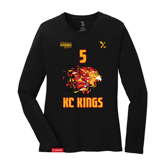 Front angle of the Roman Dinkel MAS Kansas City Kings Wheelchair Basketball Amplife Women's Black Long Sleeve T-Shirt against a white background