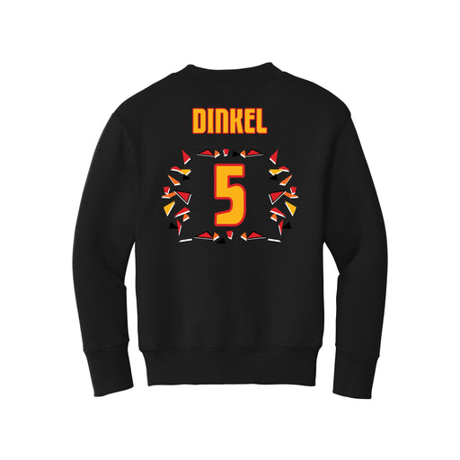 Back angle of the Roman Dinkel MAS Kansas City Kings Wheelchair Basketball Amplife Youth Black Crewneck Sweatshirt against a white background