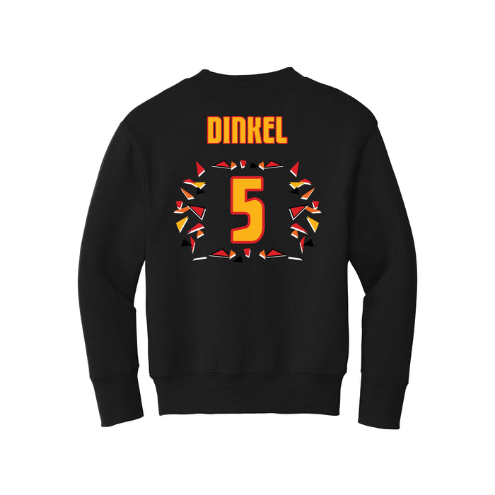 Back angle of the Roman Dinkel MAS Kansas City Kings Wheelchair Basketball Amplife Youth Black Crewneck Sweatshirt against a white background