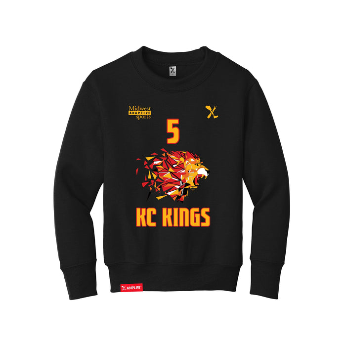 Front angle of the Roman Dinkel MAS Kansas City Kings Wheelchair Basketball Amplife Youth Black Crewneck Sweatshirt against a white background