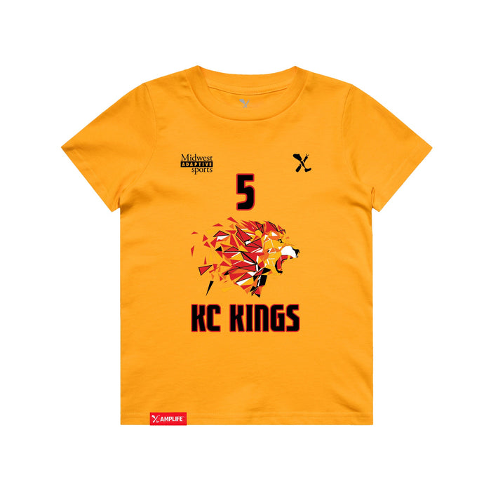 Front angle of the Roman Dinkel MAS Kansas City Kings Wheelchair Basketball Amplife Youth Gold T-Shirt against a white background