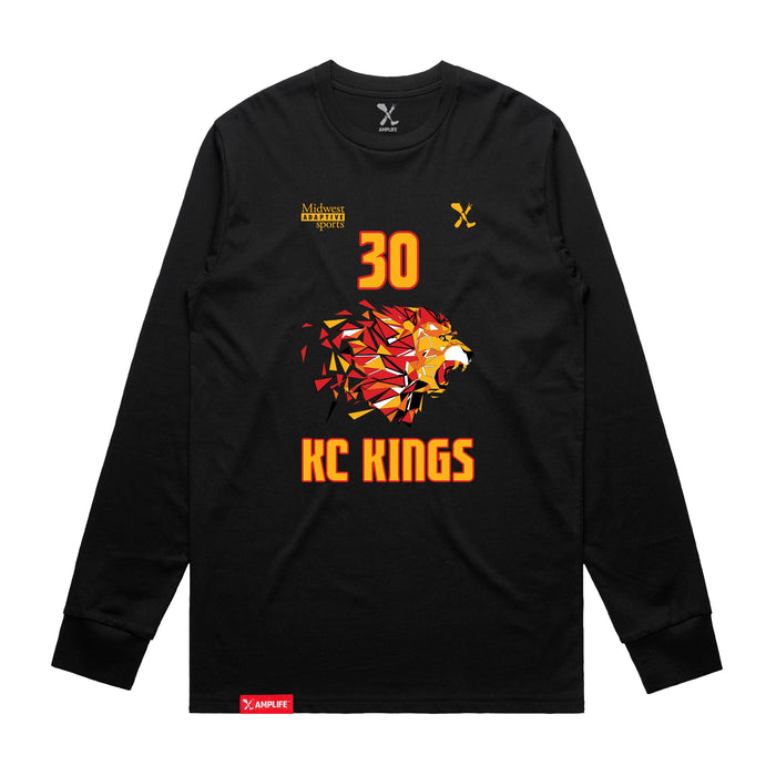 Front angle of the Jerry Guild Jr MAS Kansas City Kings Wheelchair Basketball Amplife Black Long Sleeve T-Shirt against a white background