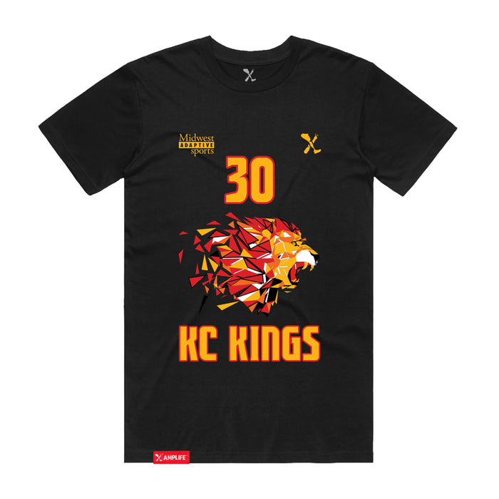Front angle of the Jerry Guild Jr MAS Kansas City Kings Wheelchair Basketball Amplife Black T-Shirt against a white background