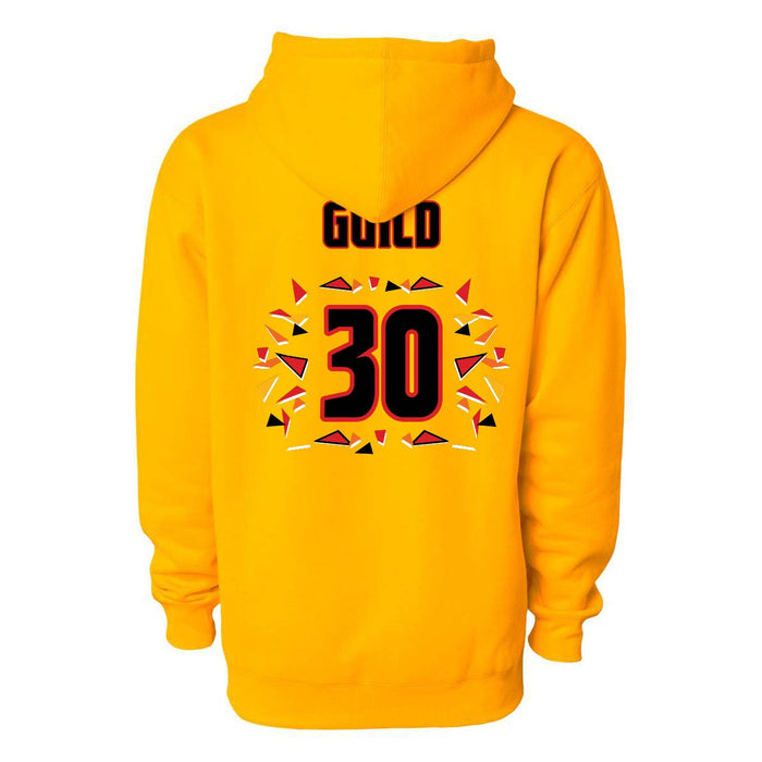 Back angle of the Jerry Guild Jr MAS Kansas City Kings Wheelchair Basketball Amplife Gold Hoodie against a white background