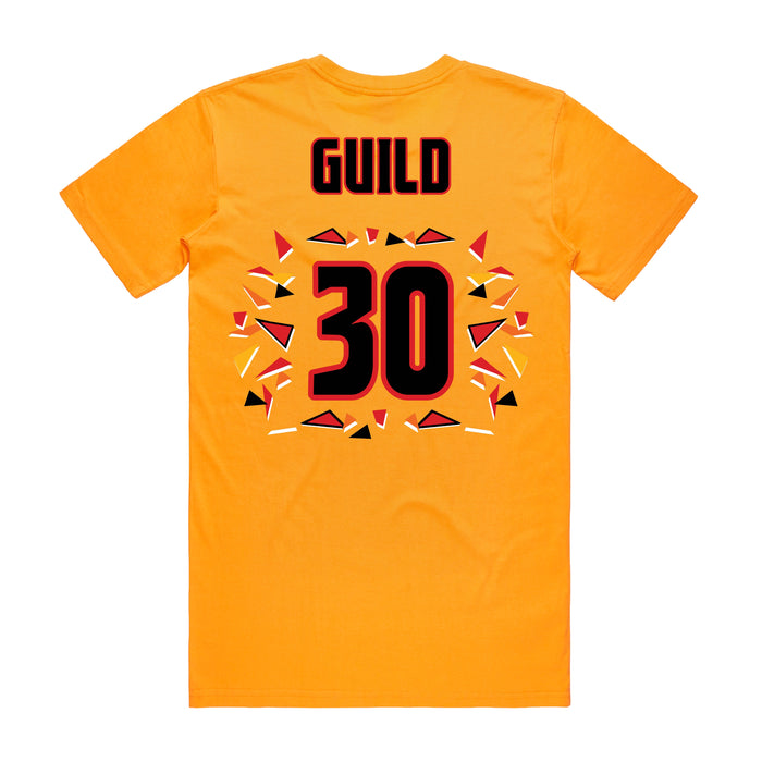 Back angle of the Jerry Guild Jr MAS Kansas City Kings Wheelchair Basketball Amplife Gold T-Shirt against a white background