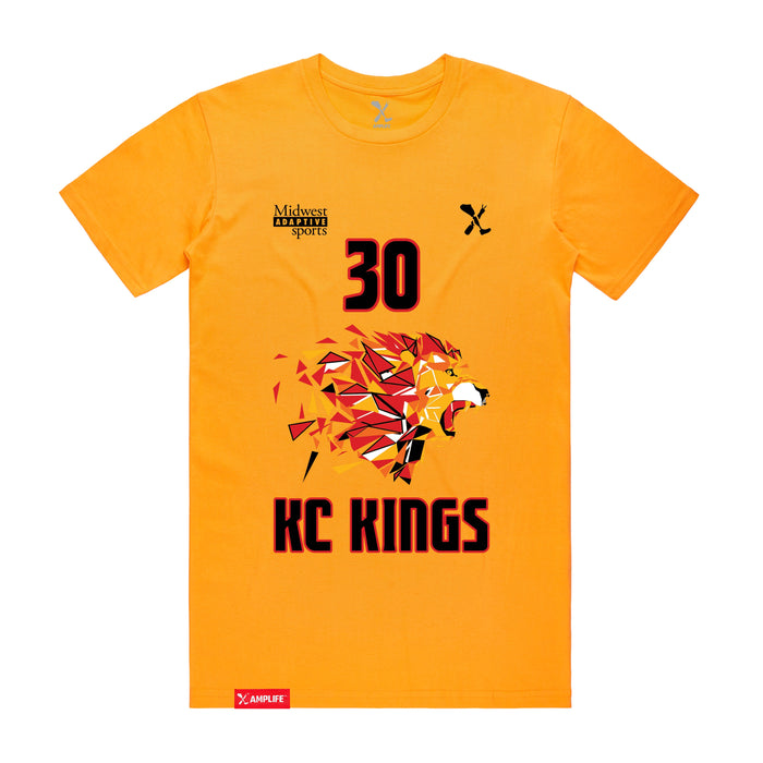 Front angle of the Jerry Guild Jr MAS Kansas City Kings Wheelchair Basketball Amplife Gold T-Shirt against a white background