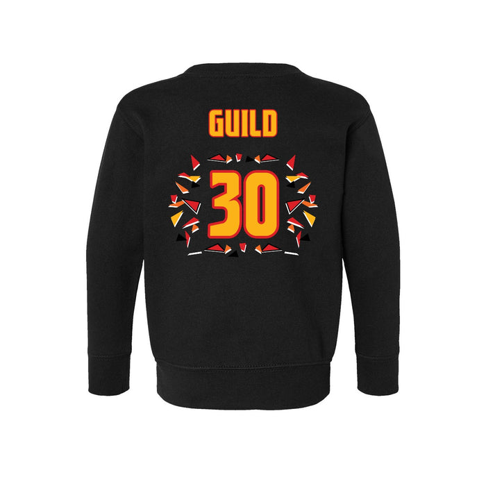 Back angle of the Jerry Guild Jr MAS Kansas City Kings Wheelchair Basketball Amplife Toddler Black Crewneck Sweatshirt against a white background