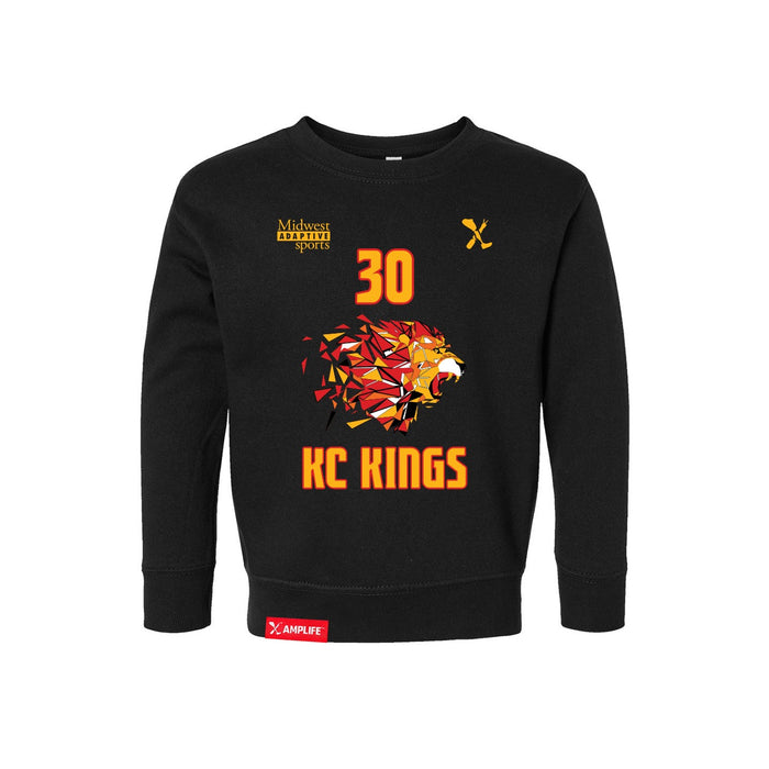 Front angle of the Jerry Guild Jr MAS Kansas City Kings Wheelchair Basketball Amplife Toddler Black Crewneck Sweatshirt against a white background