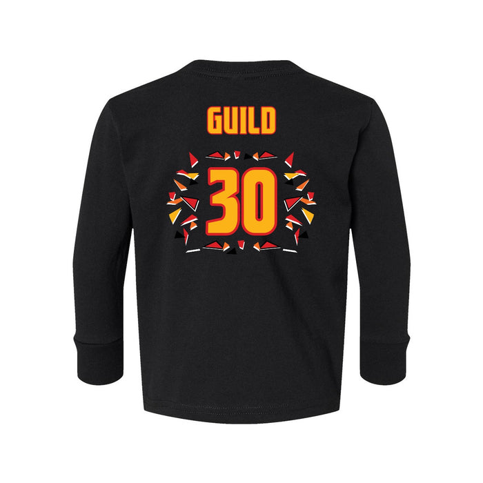 Back angle of the Jerry Guild Jr MAS Kansas City Kings Wheelchair Basketball Amplife Toddler Black Long Sleeve T-Shirt against a white background